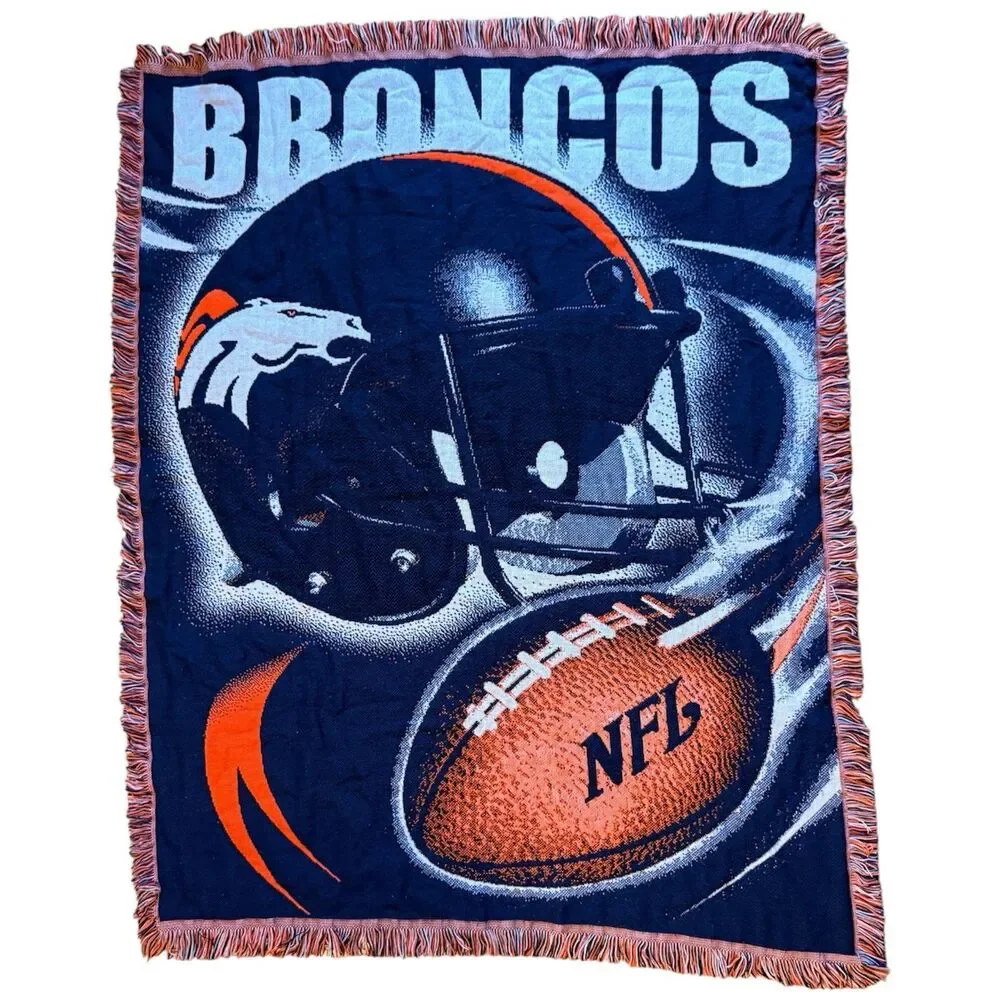 Vintage Denver Broncos Tapestry Throw Blanket Northwest Co USA Made 57x45 Blue